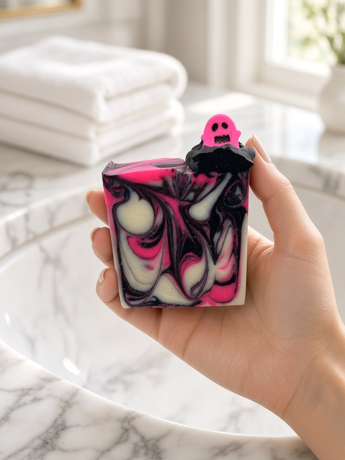 Boo-ugie Halloween soap bar with pink ghost topper